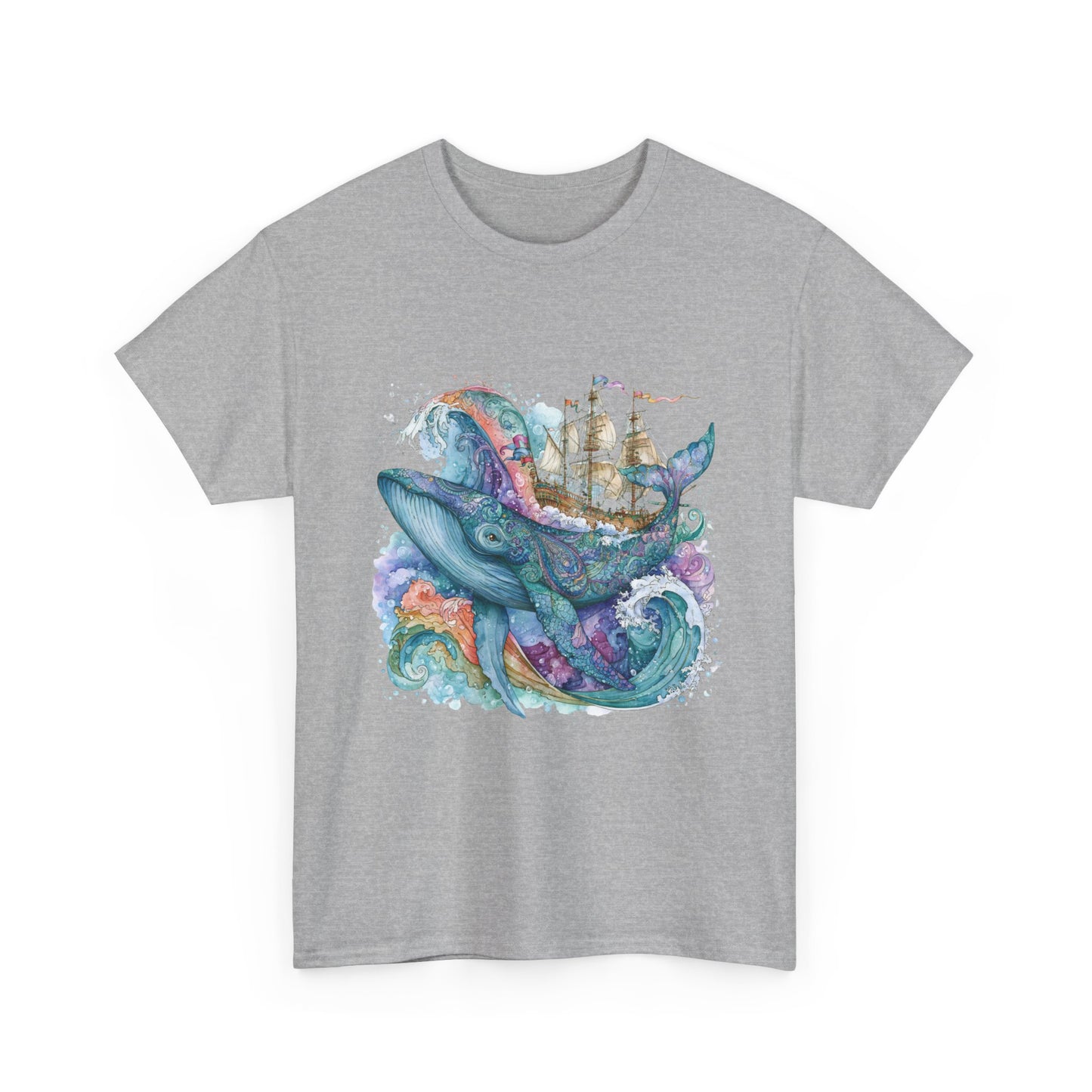 Whale & Ship Watercolor T‑Shirt — Nautical Ocean Art Tee