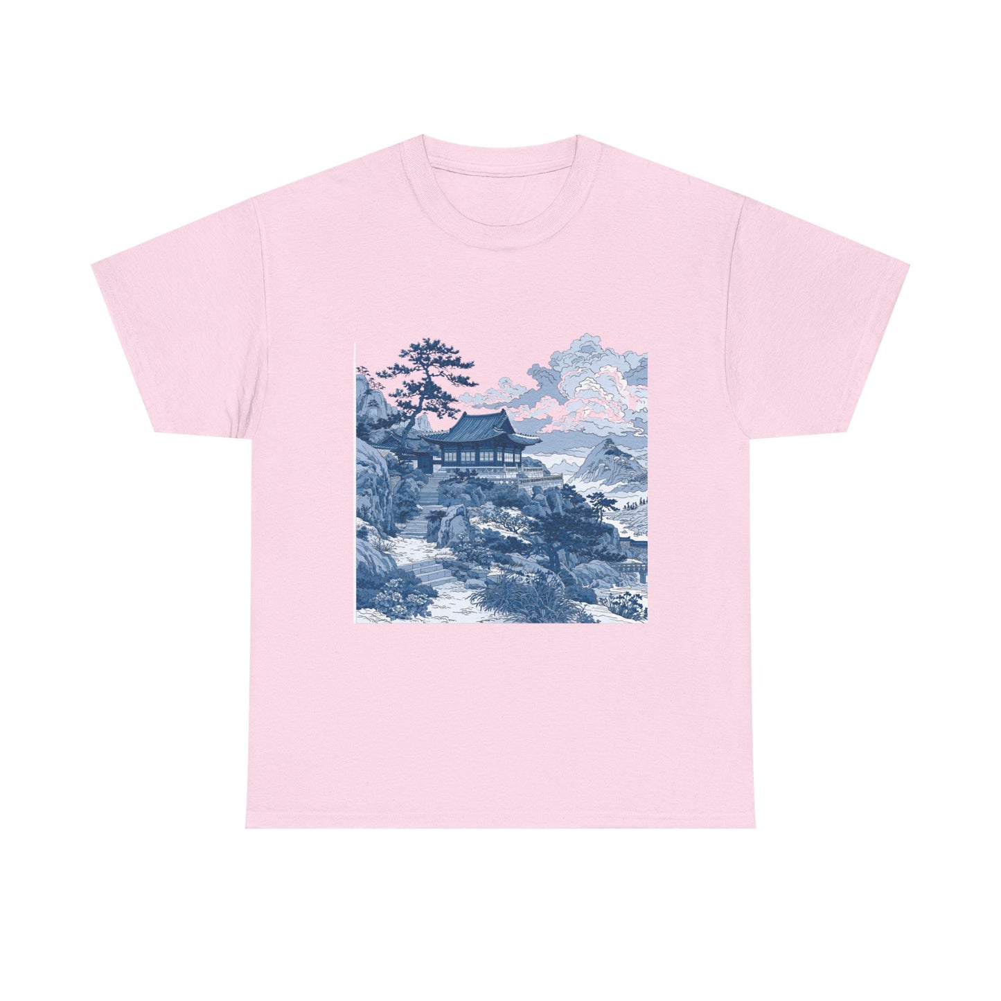 Blue Asian Landscape Tee — Vintage Temple Mountain Scenery T-Shirt