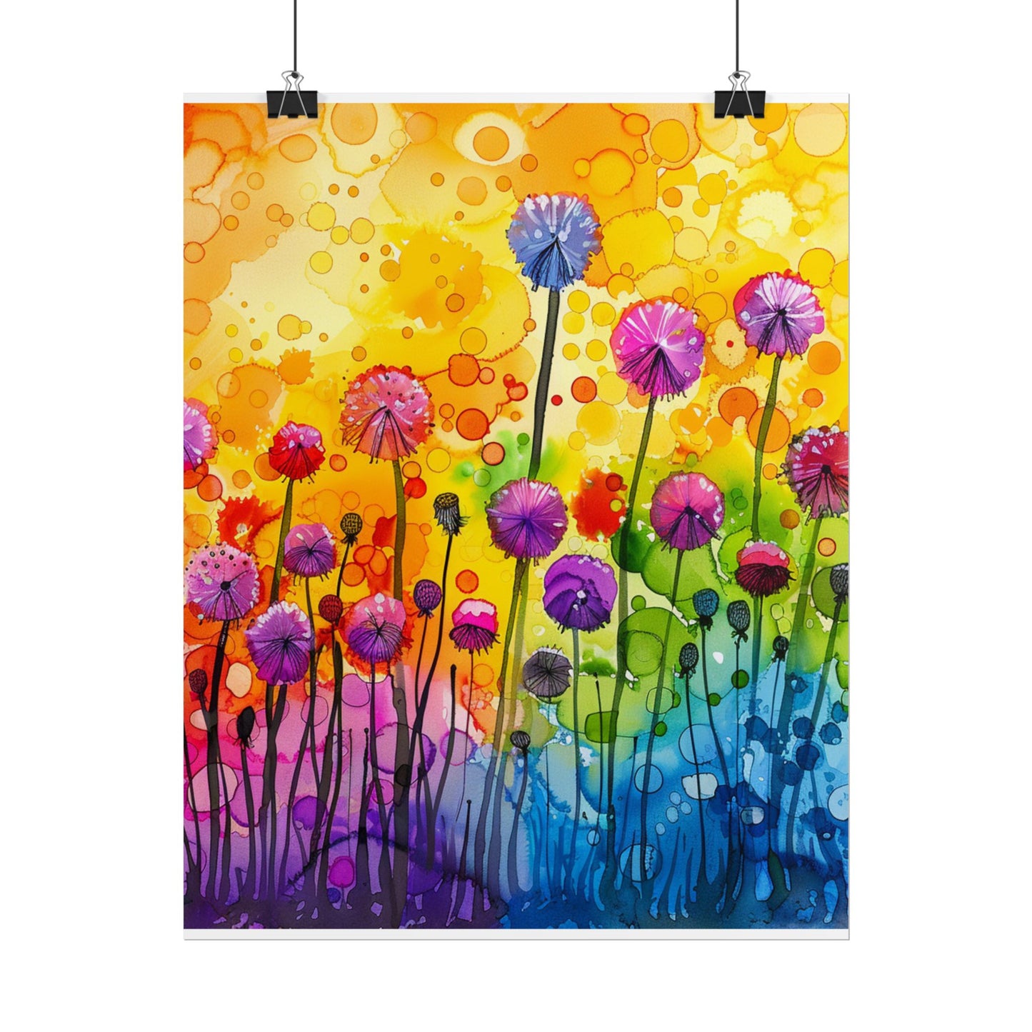 Colorful Floral Watercolor Poster — Rainbow Dandelion Garden Rolled Print