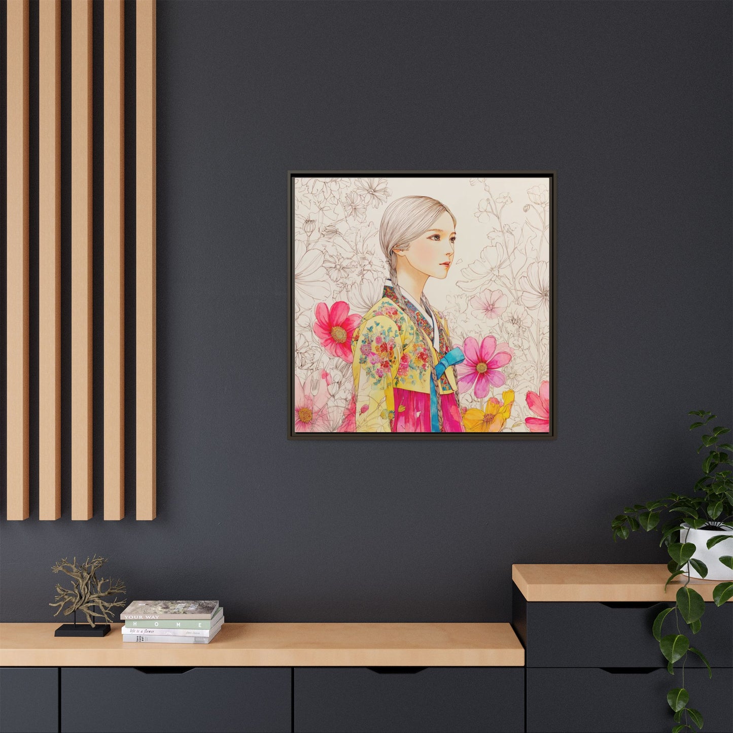 Framed Matte Canvas: Korean Hanbok Girl Floral Portrait