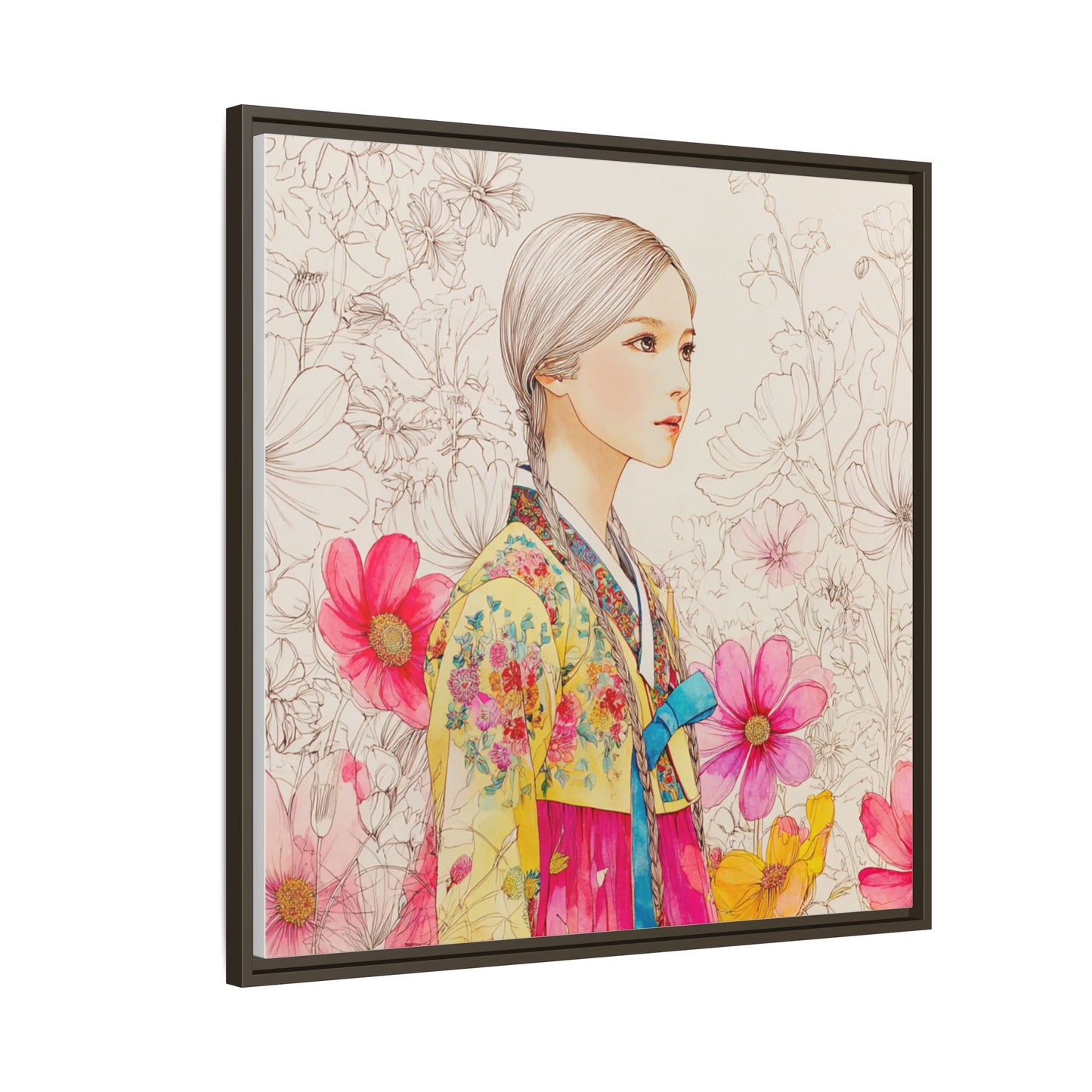 Framed Matte Canvas: Korean Hanbok Girl Floral Portrait