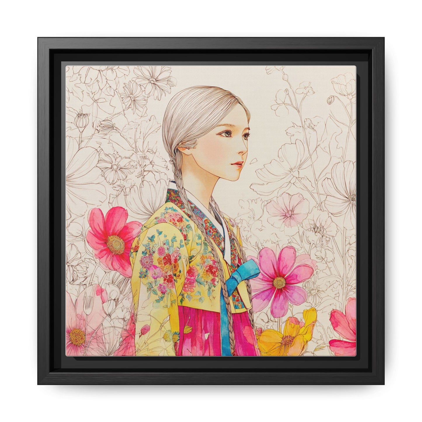 Framed Matte Canvas: Korean Hanbok Girl Floral Portrait