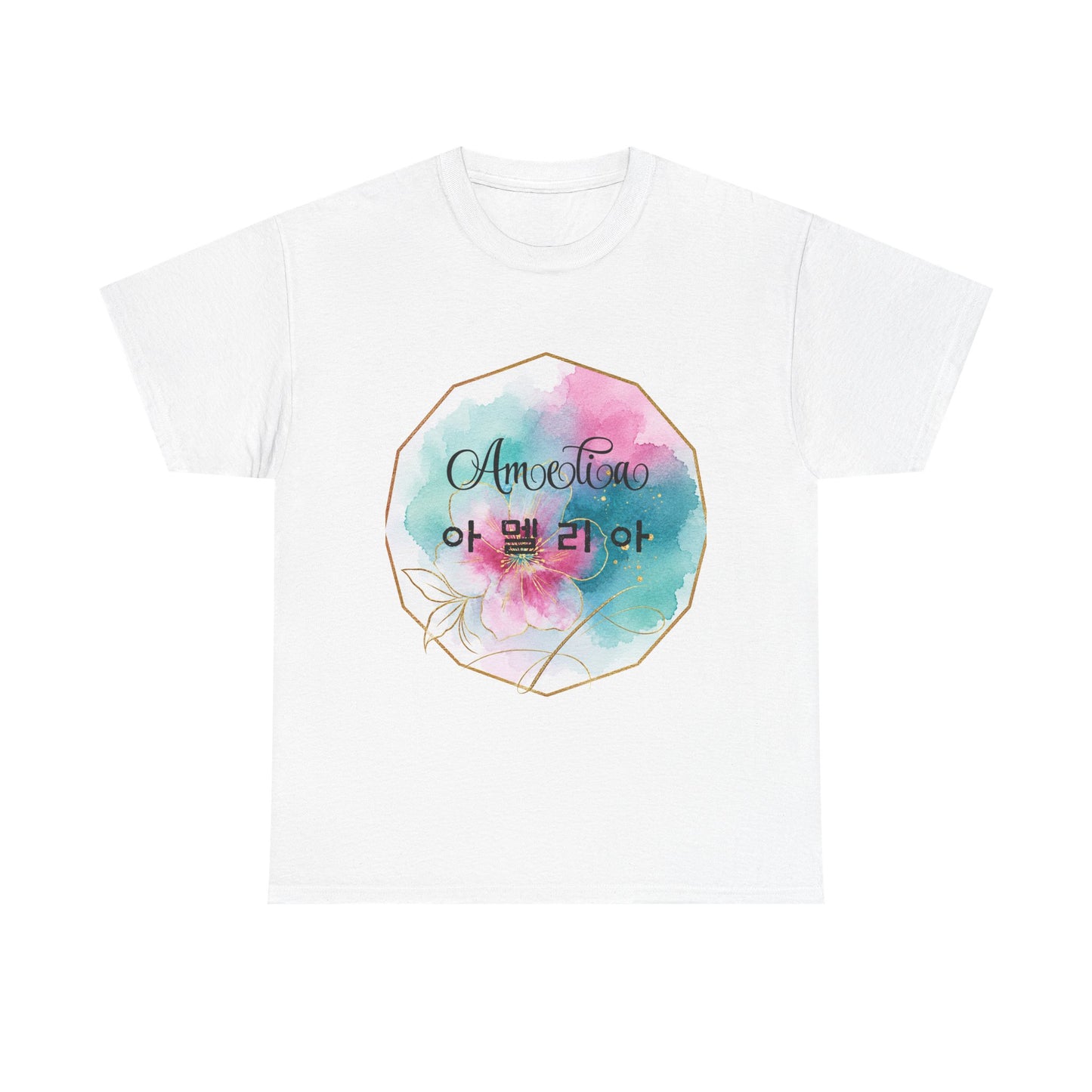 Floral Amorelia Tee — Watercolor Rose Korean Text Graphic Shirt