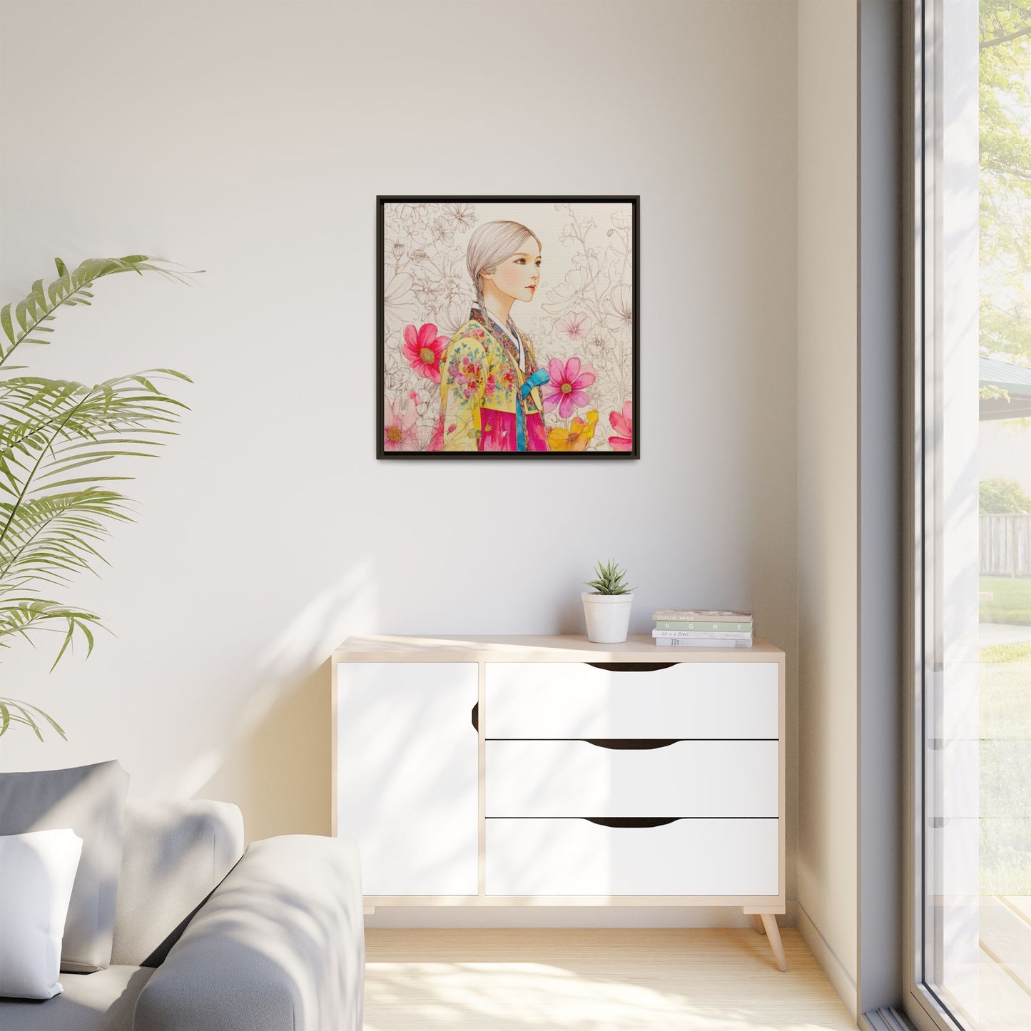 Framed Matte Canvas: Korean Hanbok Girl Floral Portrait