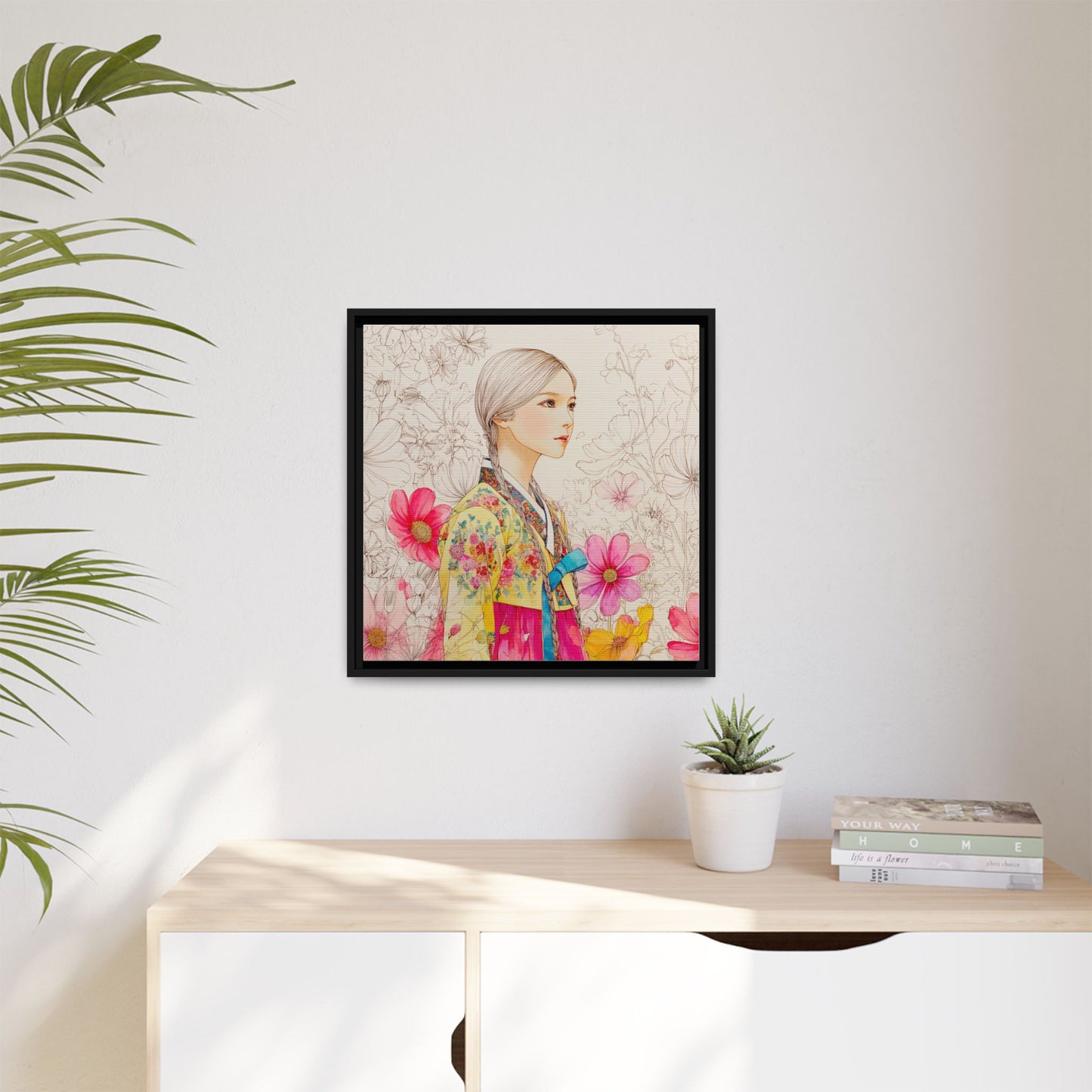 Framed Matte Canvas: Korean Hanbok Girl Floral Portrait