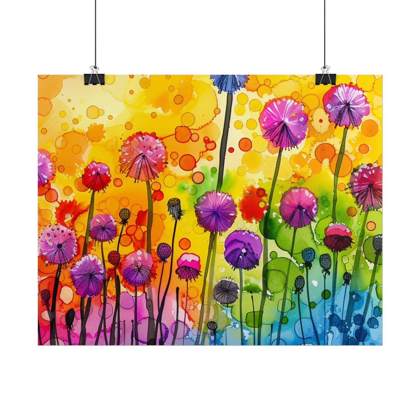 Colorful Floral Watercolor Poster — Rainbow Dandelion Garden Rolled Print