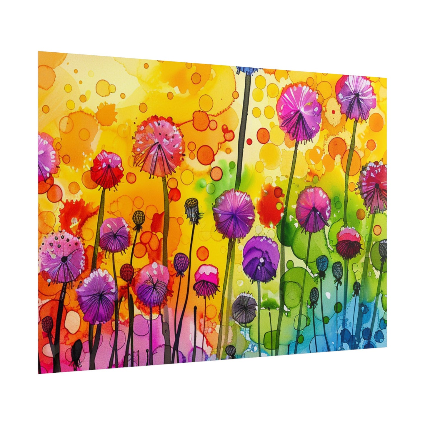 Colorful Floral Watercolor Poster — Rainbow Dandelion Garden Rolled Print