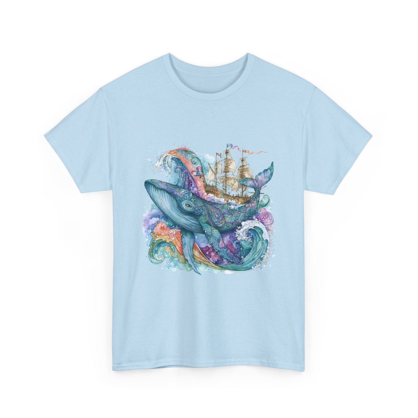 Whale & Ship Watercolor T‑Shirt — Nautical Ocean Art Tee