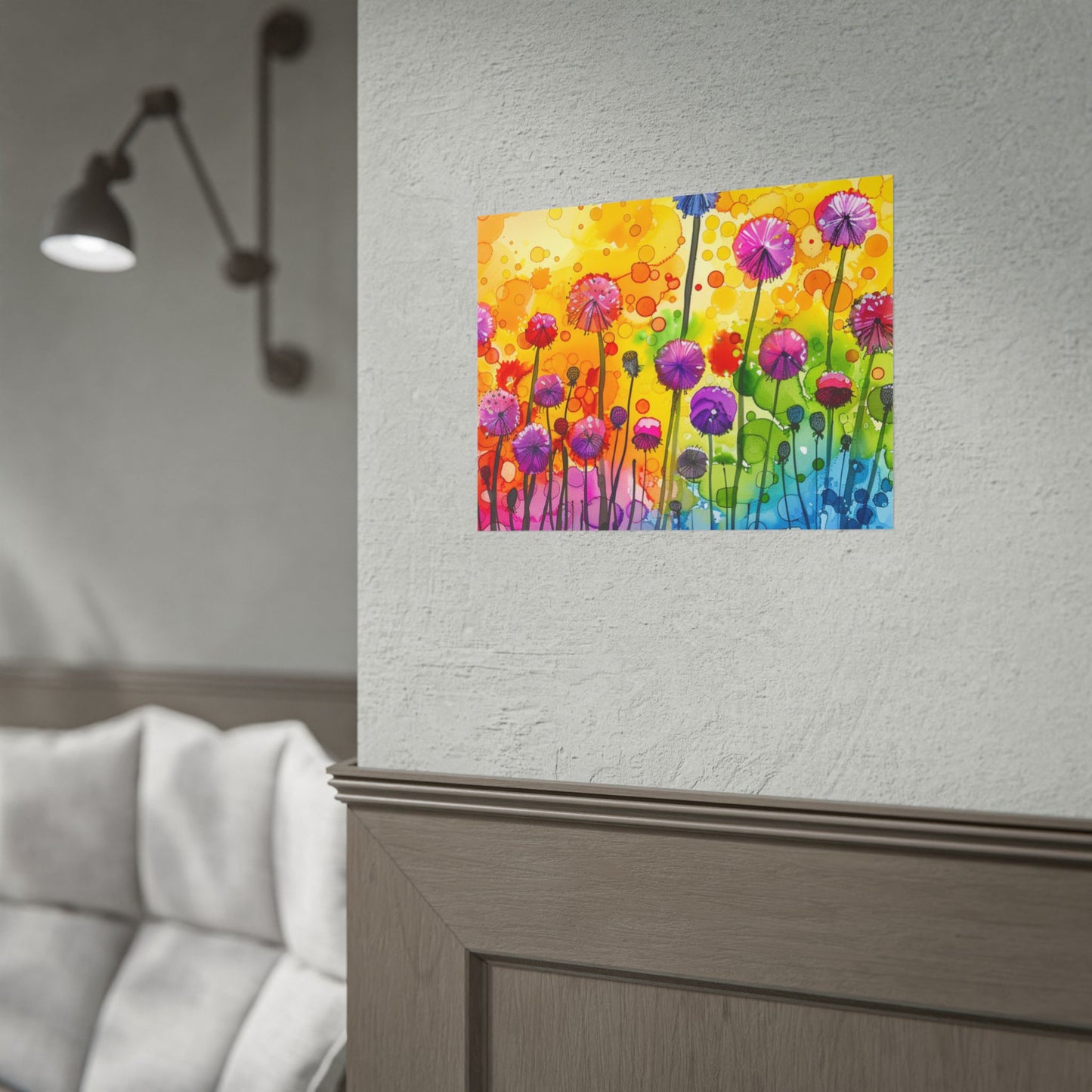 Colorful Floral Watercolor Poster — Rainbow Dandelion Garden Rolled Print