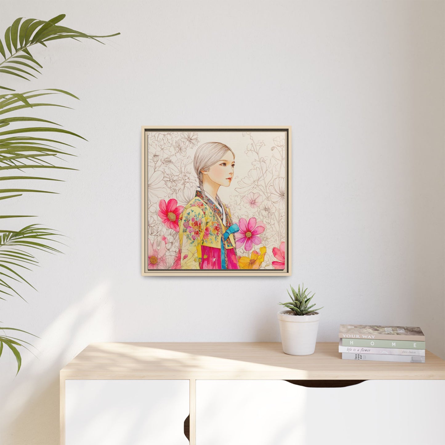 Framed Matte Canvas: Korean Hanbok Girl Floral Portrait