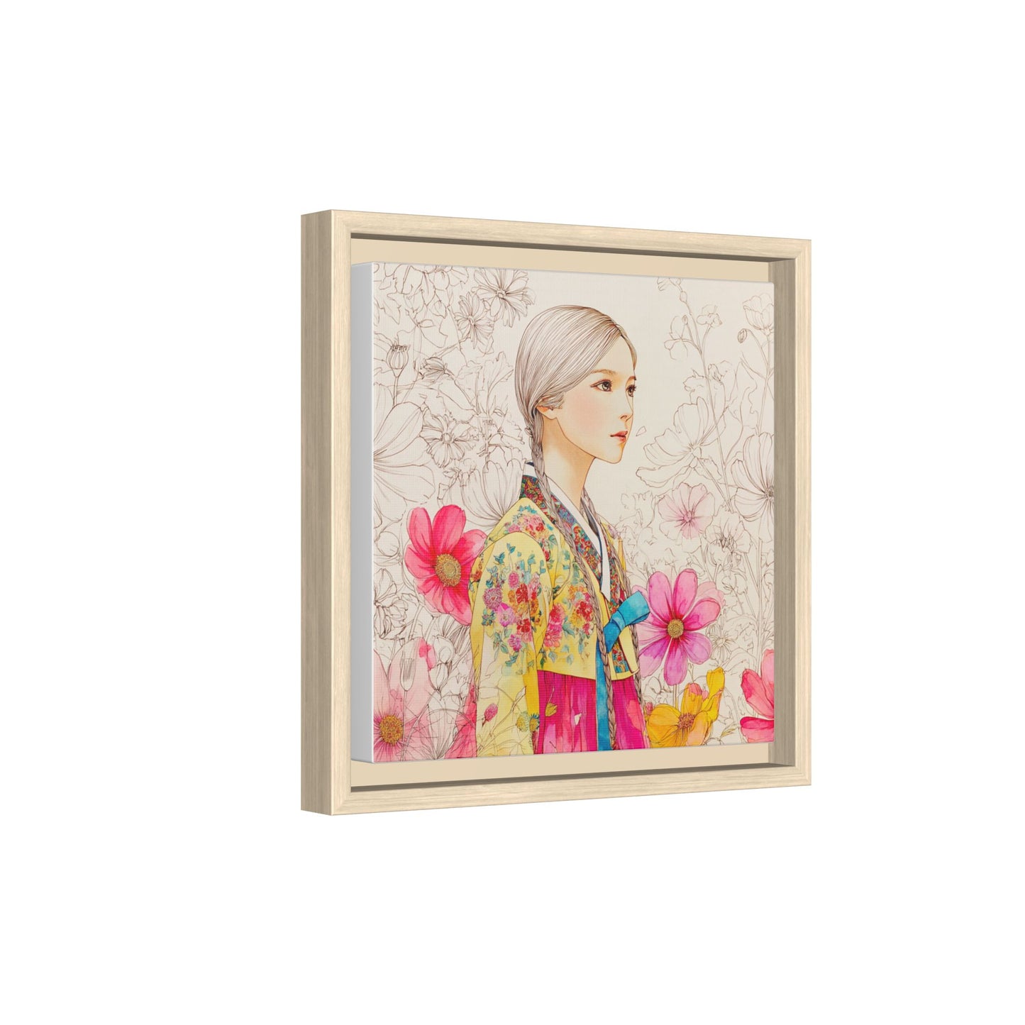 Framed Matte Canvas: Korean Hanbok Girl Floral Portrait