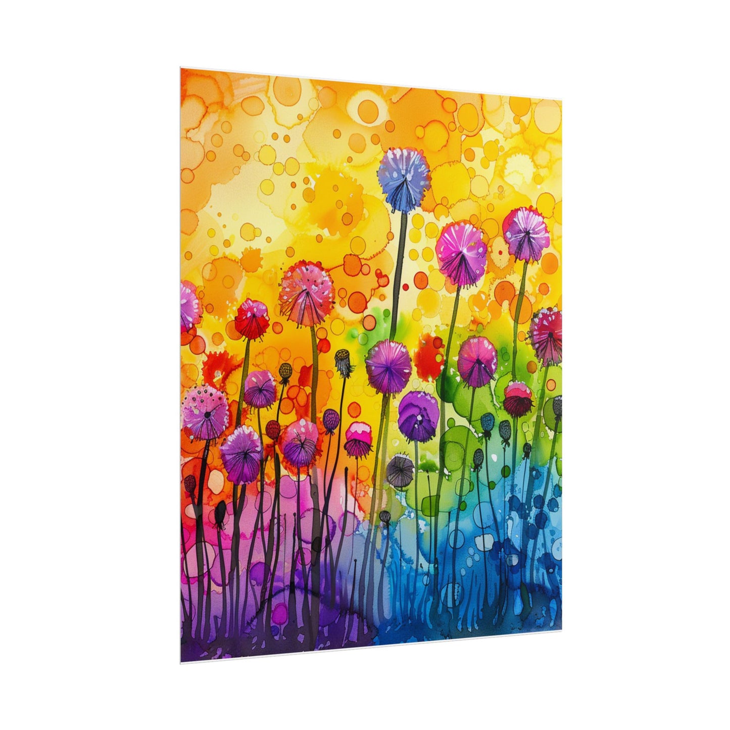 Colorful Floral Watercolor Poster — Rainbow Dandelion Garden Rolled Print