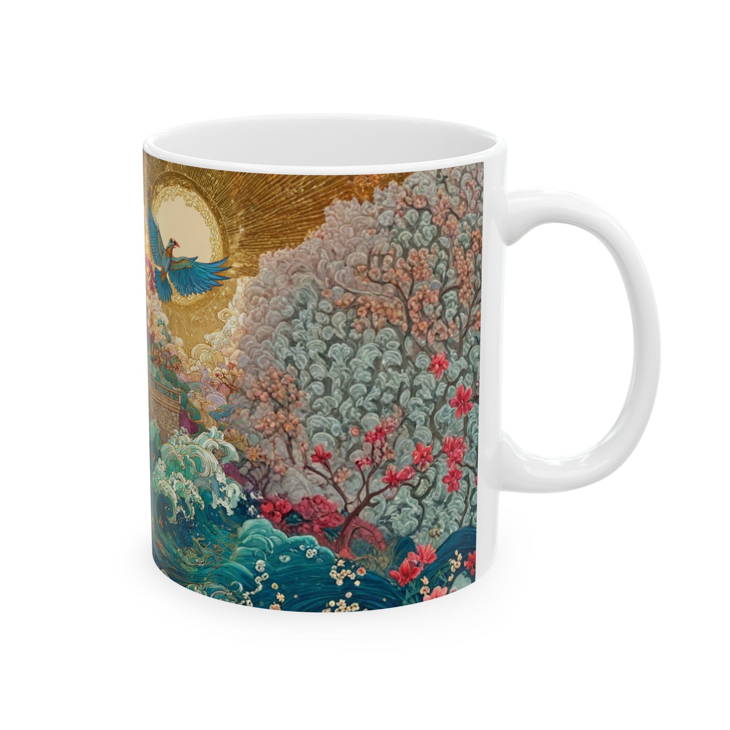 Japanese Garden Wave Ceramic Mug — Floral Pagoda Moonlight Design (11oz & 15oz)