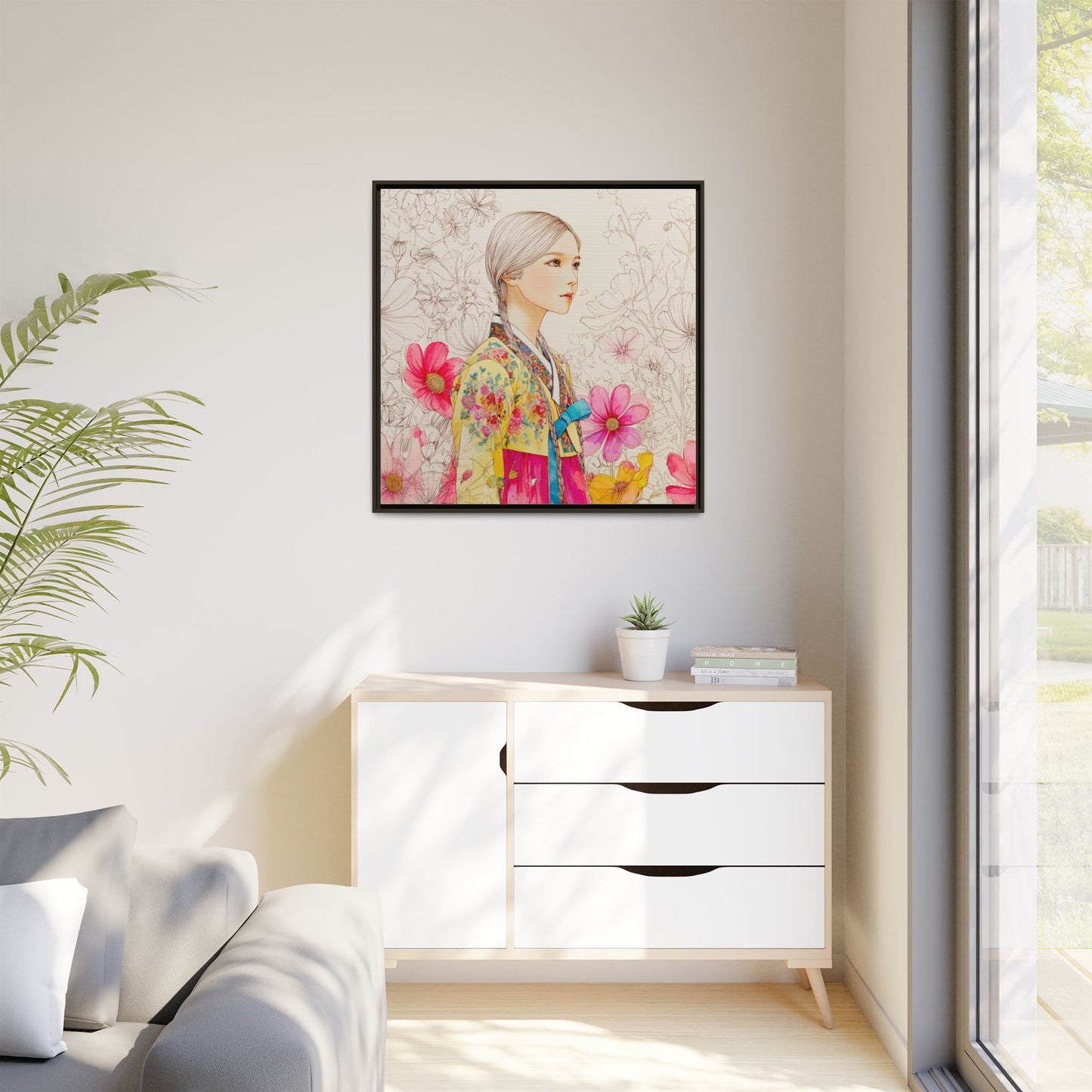 Framed Matte Canvas: Korean Hanbok Girl Floral Portrait