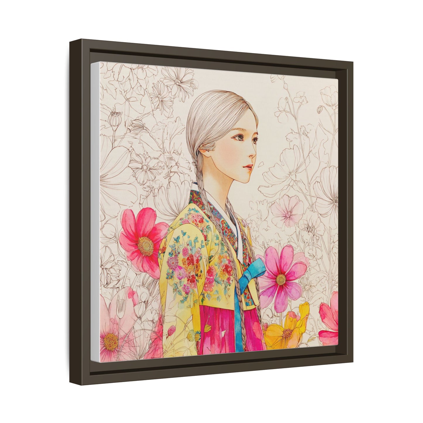Framed Matte Canvas: Korean Hanbok Girl Floral Portrait