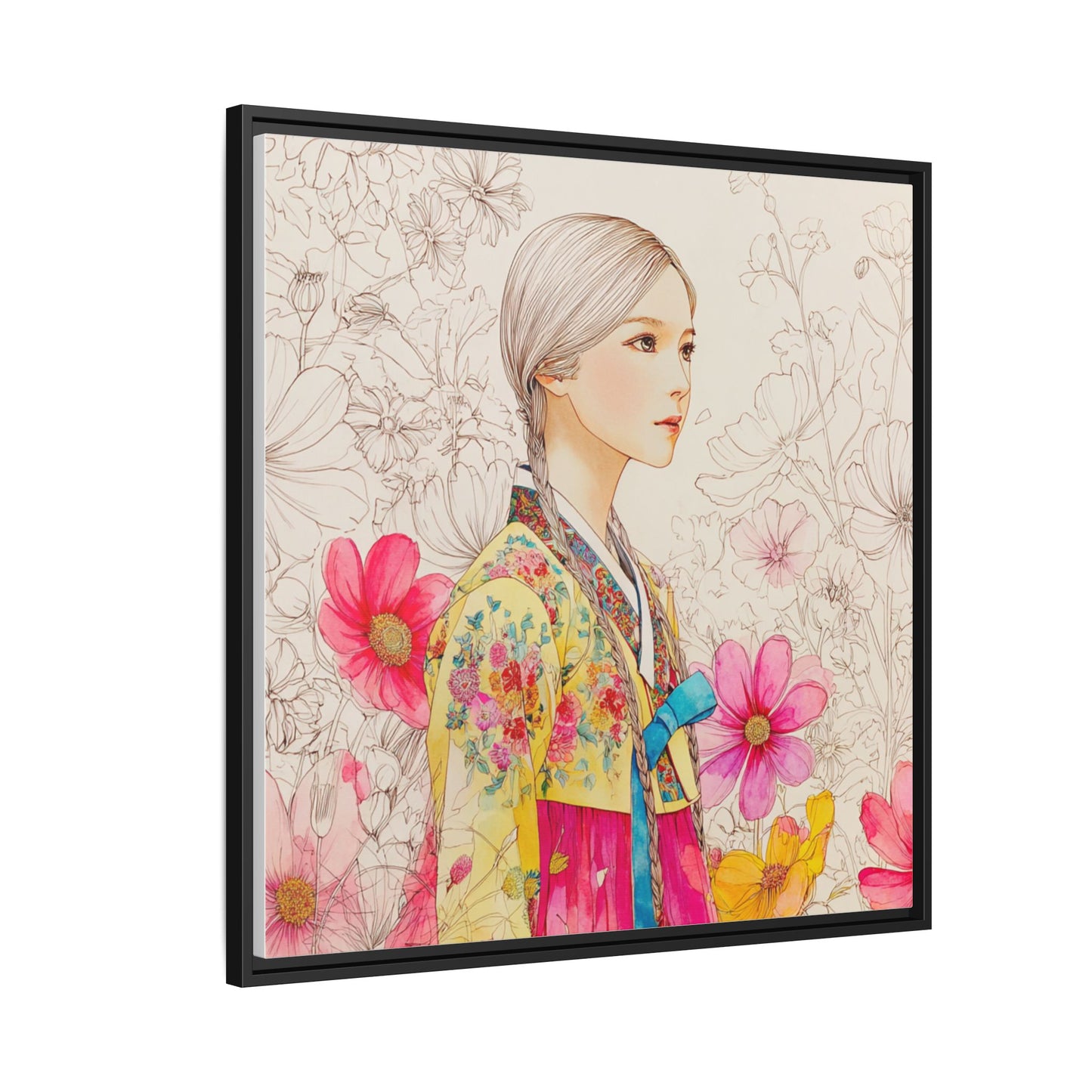 Framed Matte Canvas: Korean Hanbok Girl Floral Portrait
