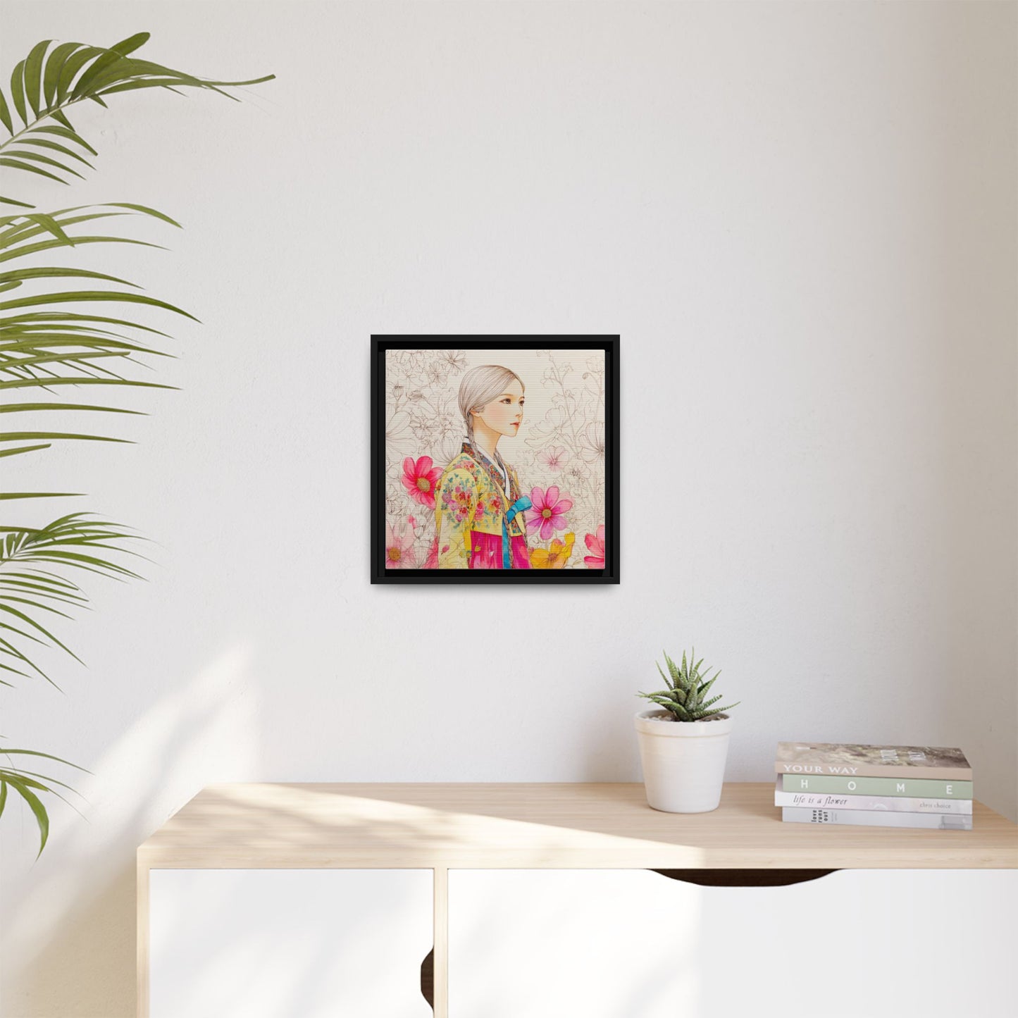 Framed Matte Canvas: Korean Hanbok Girl Floral Portrait