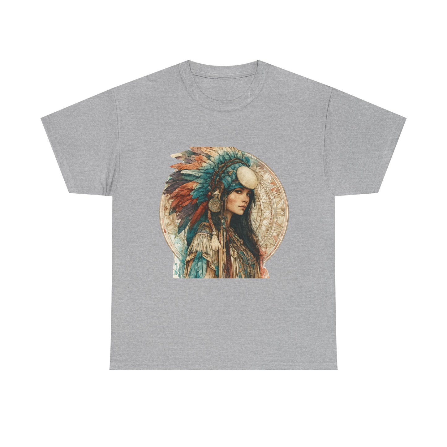 Native Headdress Portrait T‑Shirt — Boho Feather Art Tee