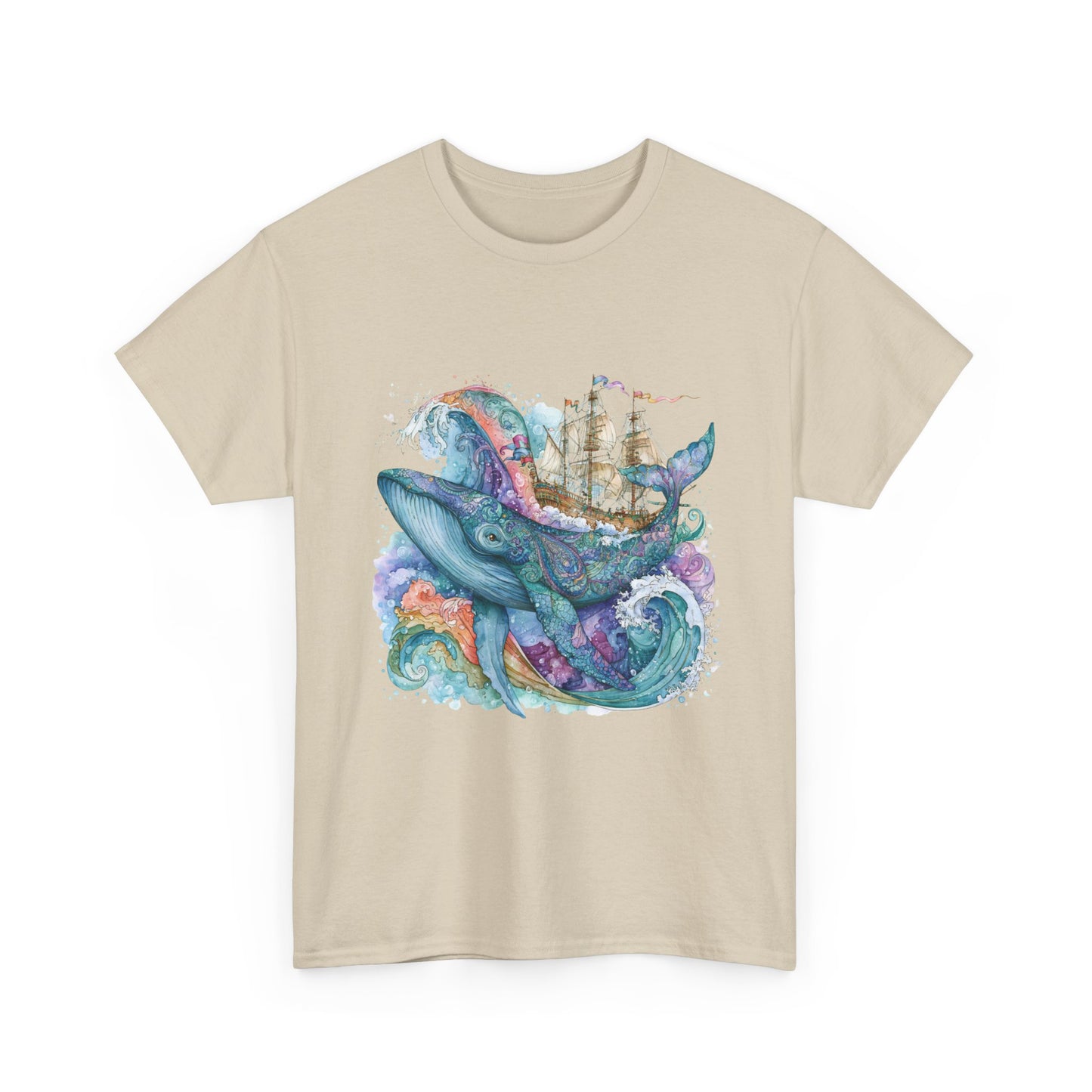 Whale & Ship Watercolor T‑Shirt — Nautical Ocean Art Tee