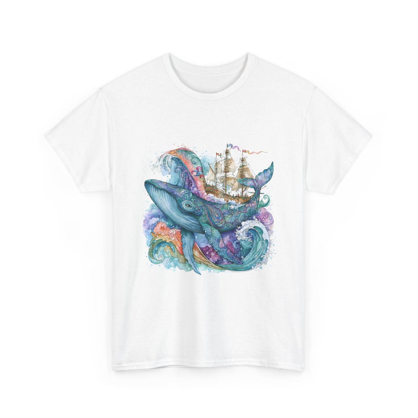 Whale & Ship Watercolor T‑Shirt — Nautical Ocean Art Tee