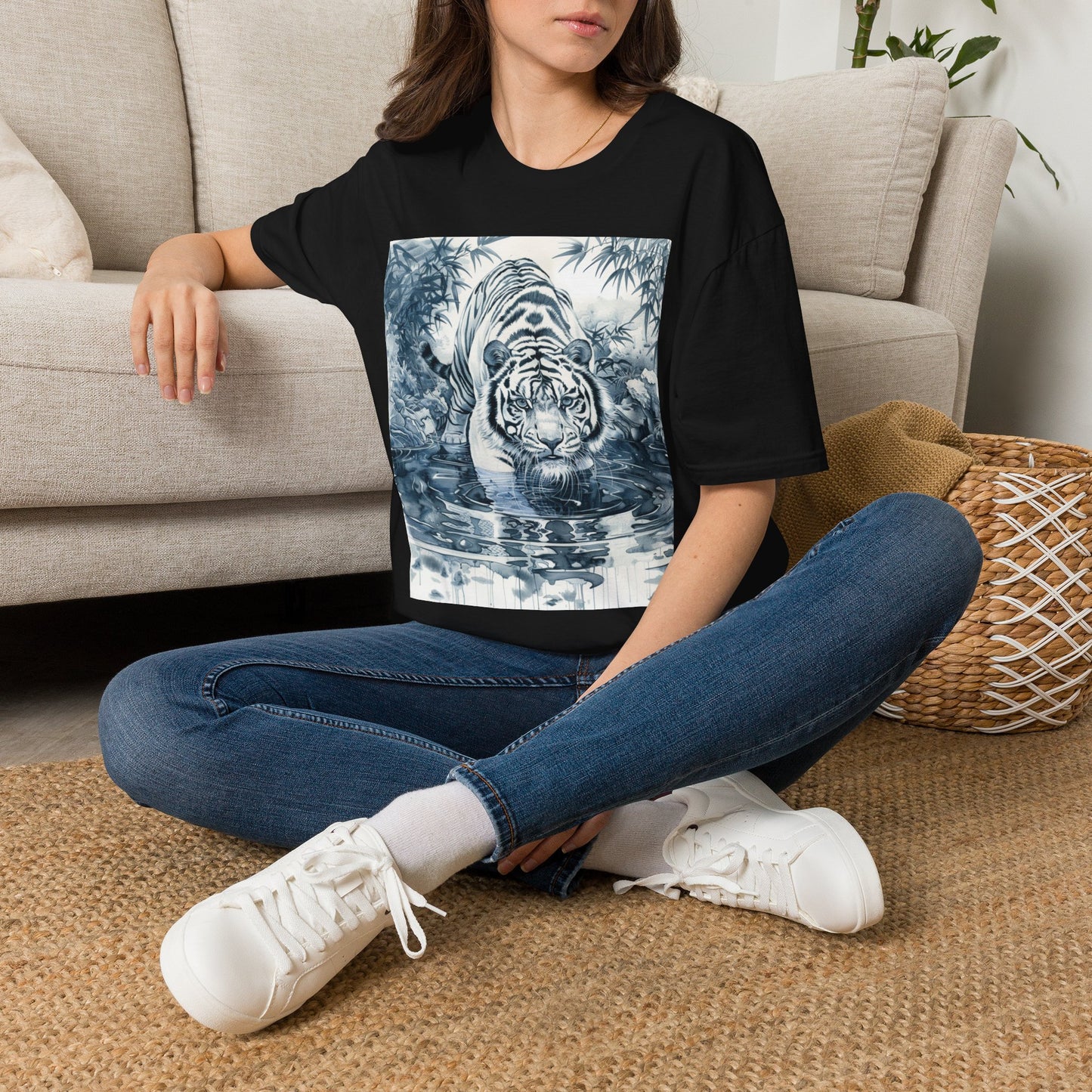 White T‑Shirt with Blue Watercolor Tiger Print — Gentle Jungle Graphic Tee