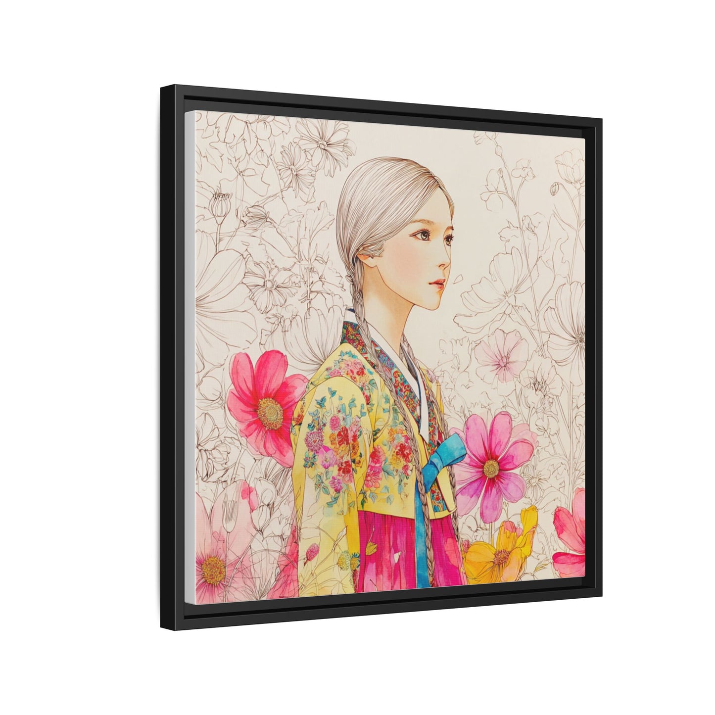 Framed Matte Canvas: Korean Hanbok Girl Floral Portrait