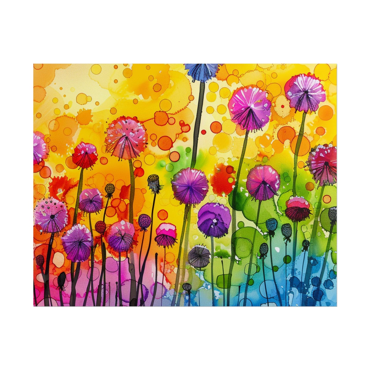 Colorful Floral Watercolor Poster — Rainbow Dandelion Garden Rolled Print