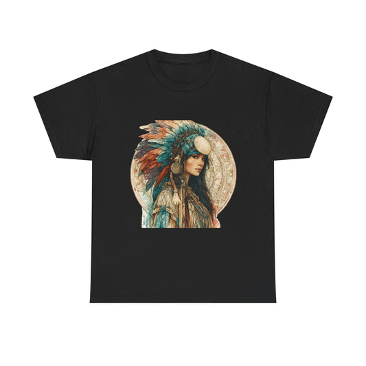 Native Headdress Portrait T‑Shirt — Boho Feather Art Tee