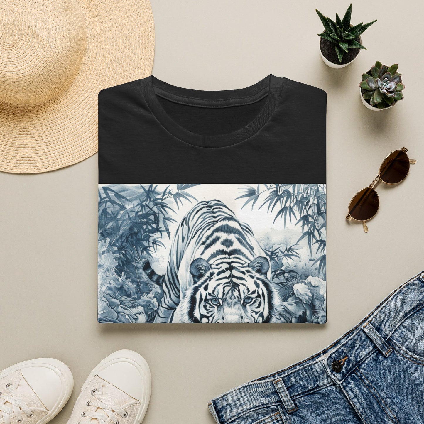 White T‑Shirt with Blue Watercolor Tiger Print — Gentle Jungle Graphic Tee