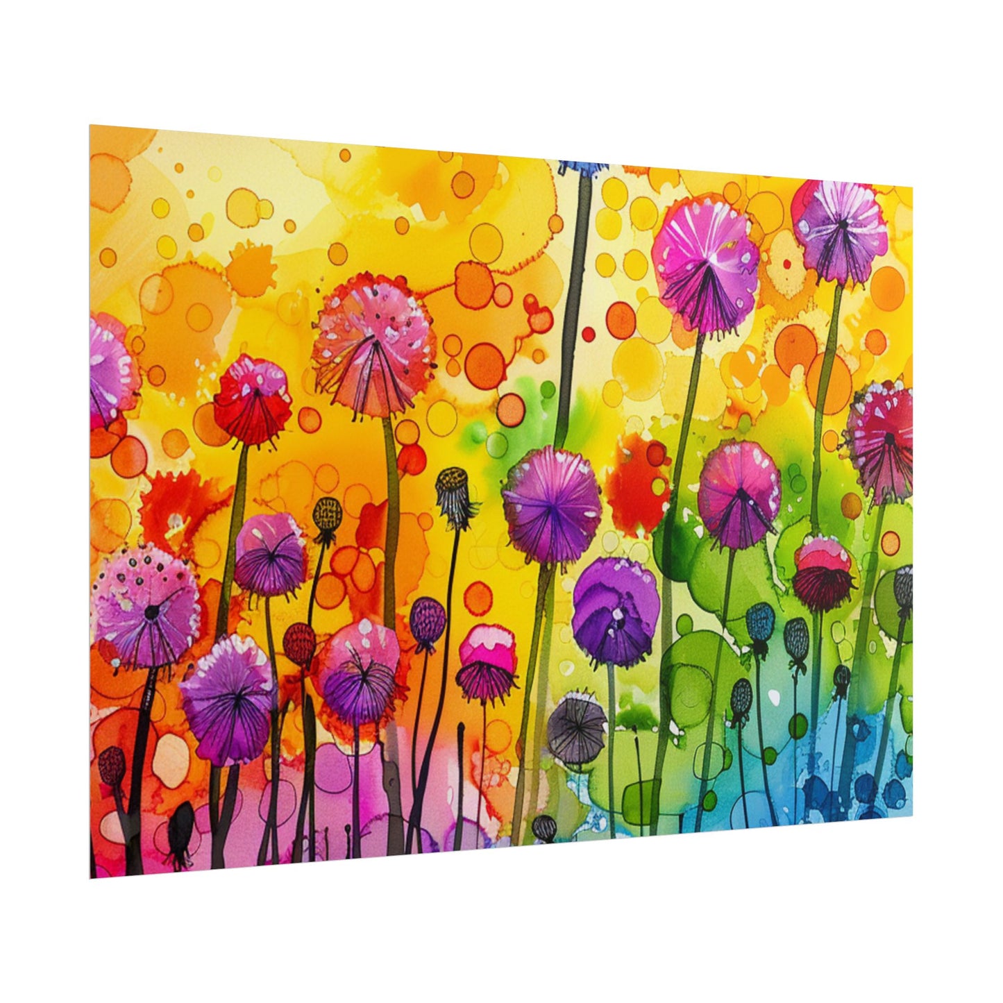 Colorful Floral Watercolor Poster — Rainbow Dandelion Garden Rolled Print