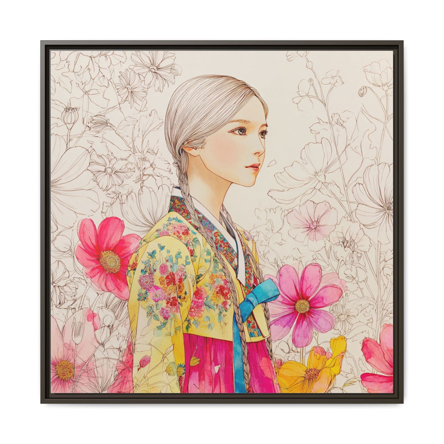 Framed Matte Canvas: Korean Hanbok Girl Floral Portrait