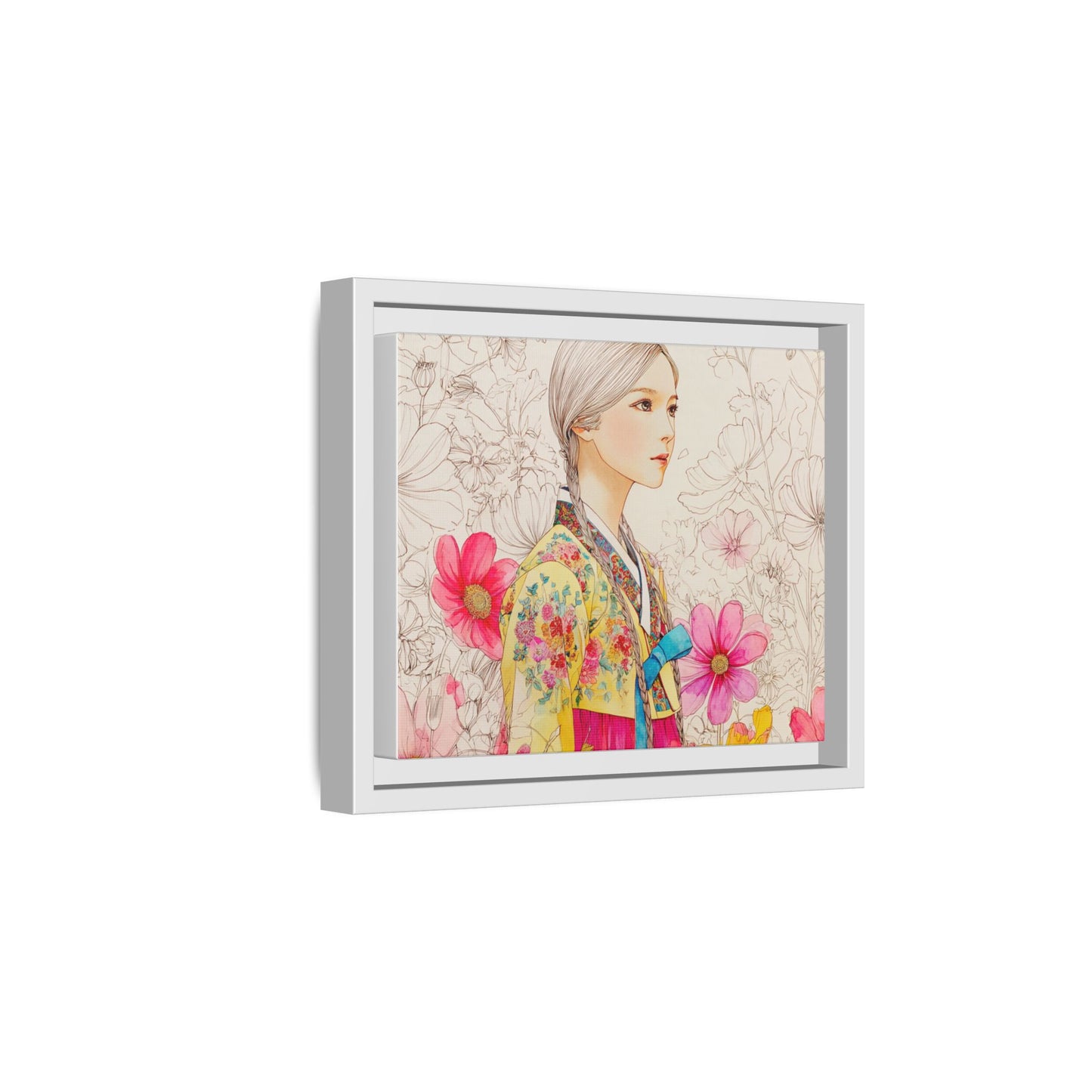 Framed Matte Canvas: Korean Hanbok Girl Floral Portrait