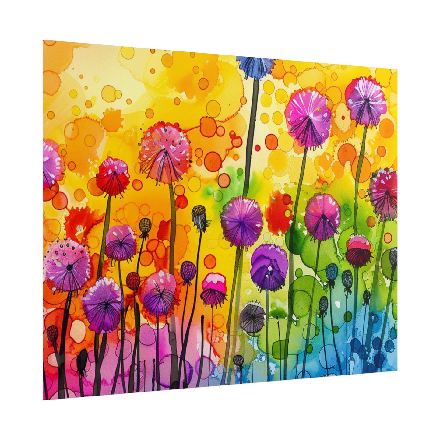 Colorful Floral Watercolor Poster — Rainbow Dandelion Garden Rolled Print