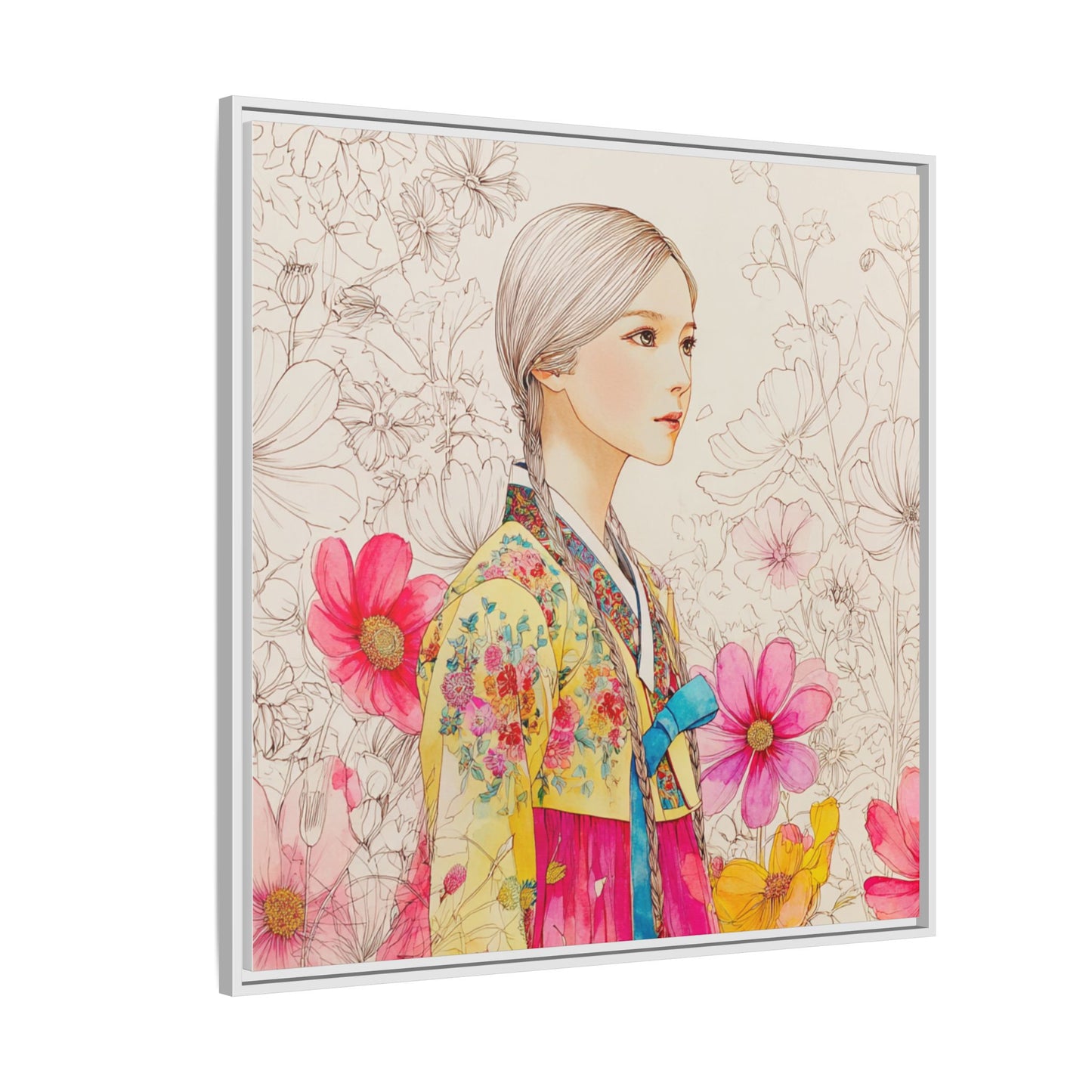 Framed Matte Canvas: Korean Hanbok Girl Floral Portrait