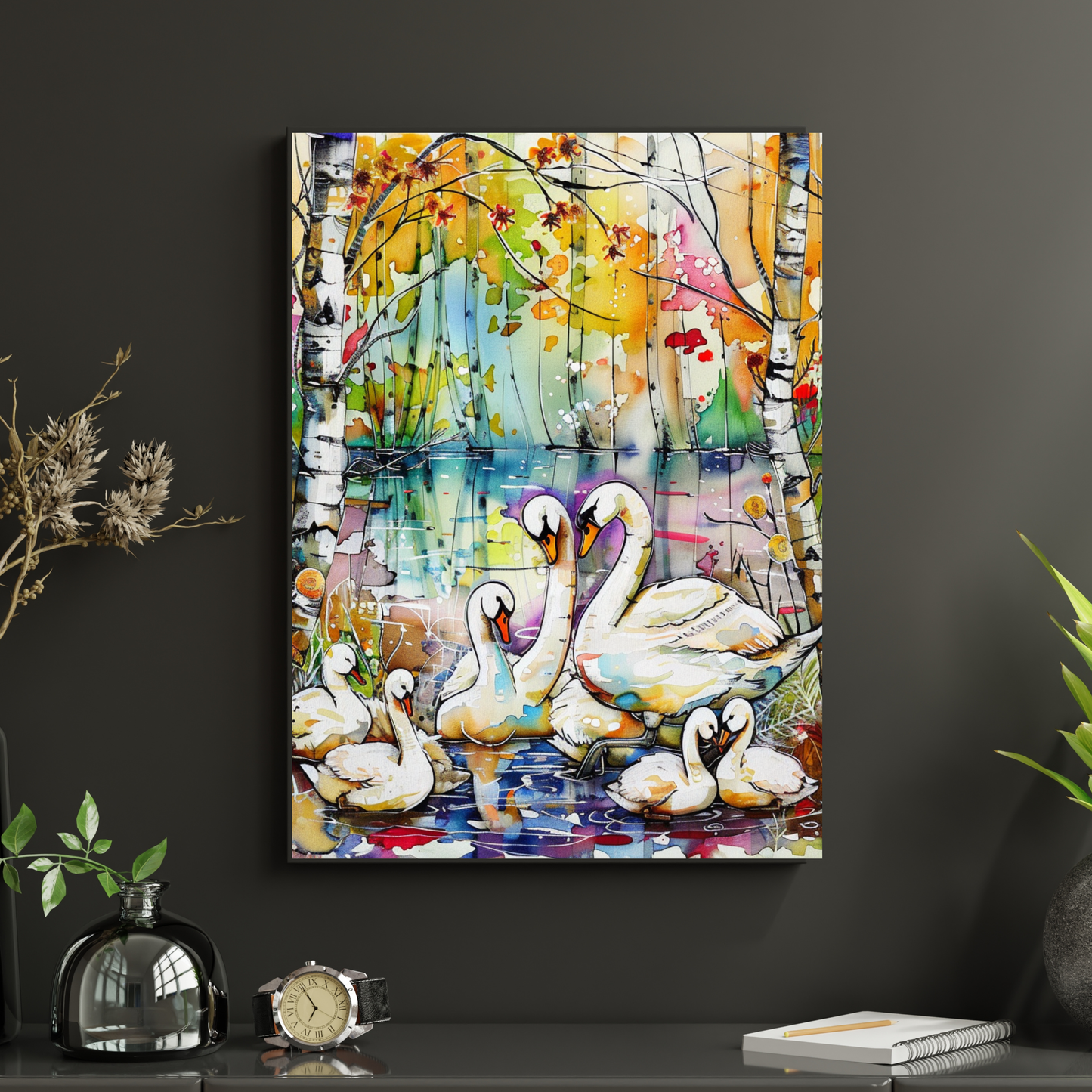 Swan Family in the Enchanted Birch Forest
