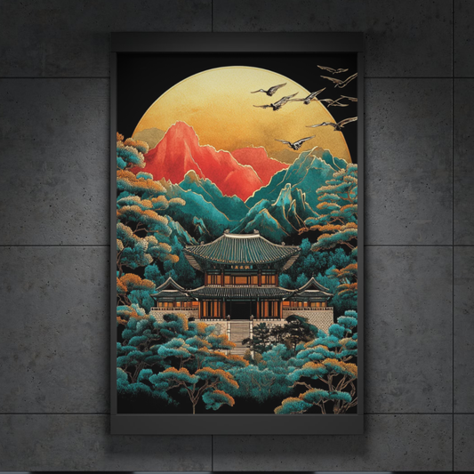 Golden Moon Korean Temple Landscape Art Print
