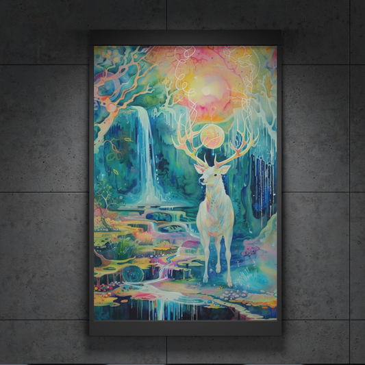 Mystic Stag Waterfall Poster — Colorful Fantasy Deer Wall Art (Rolled Poster)