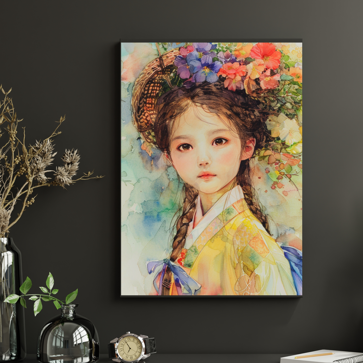 Korean Hanbok Girl Watercolor Poster — Rolled Art Print