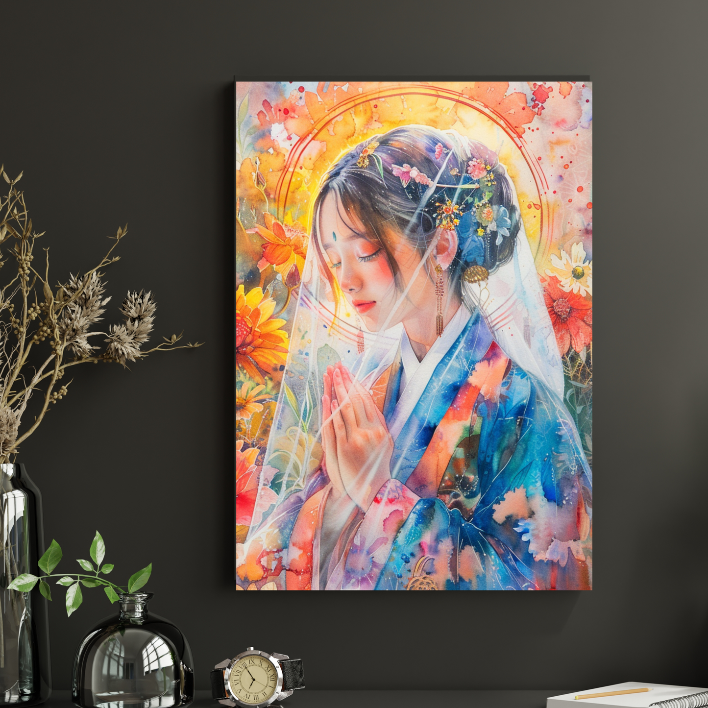 Serene Floral Geisha Prayer Art Print