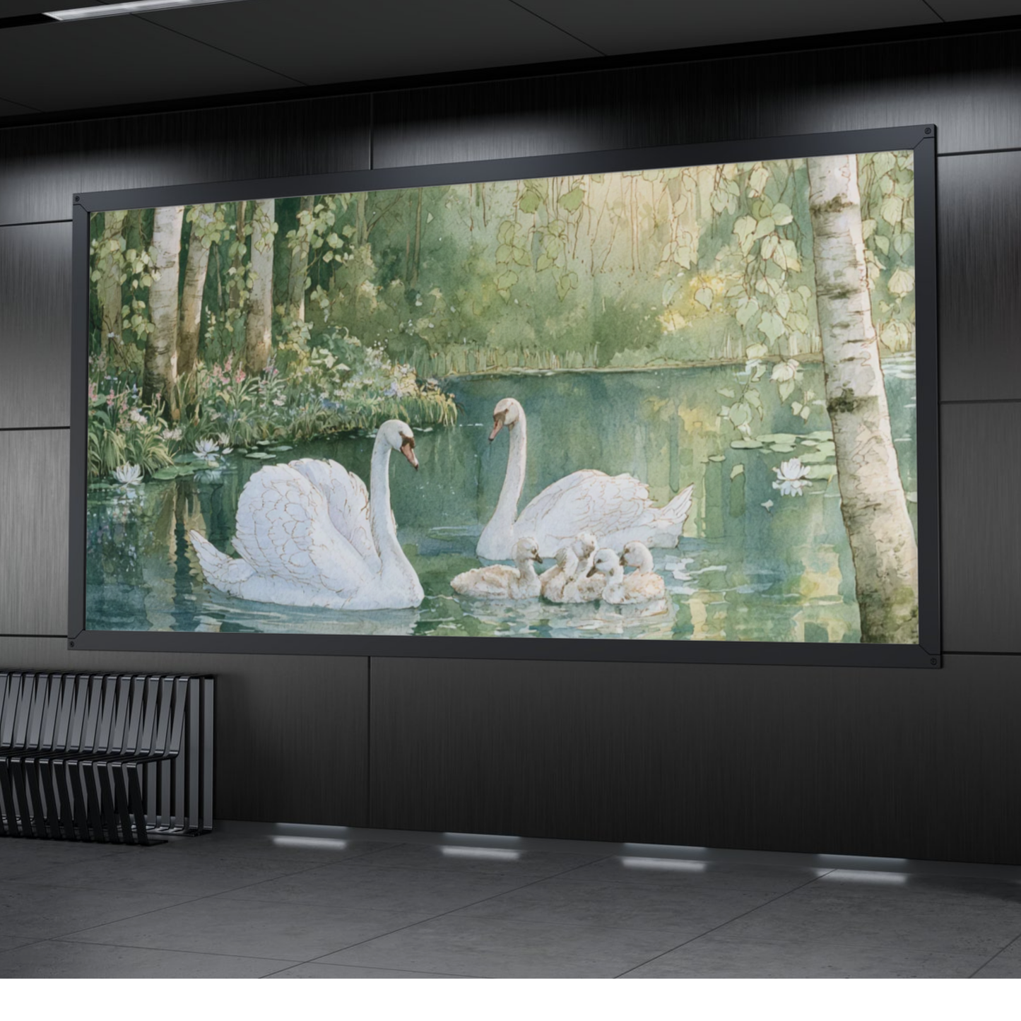 Swan Family Rolled Poster — Serene Woodland Lake Art Print