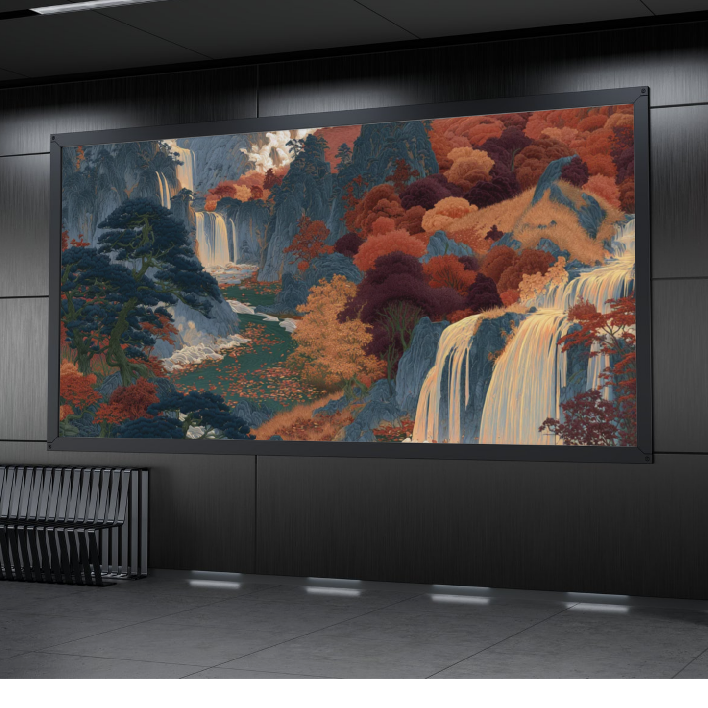 Autumn Cascade Rolled Poster — Scenic Waterfall Landscape Art Print
