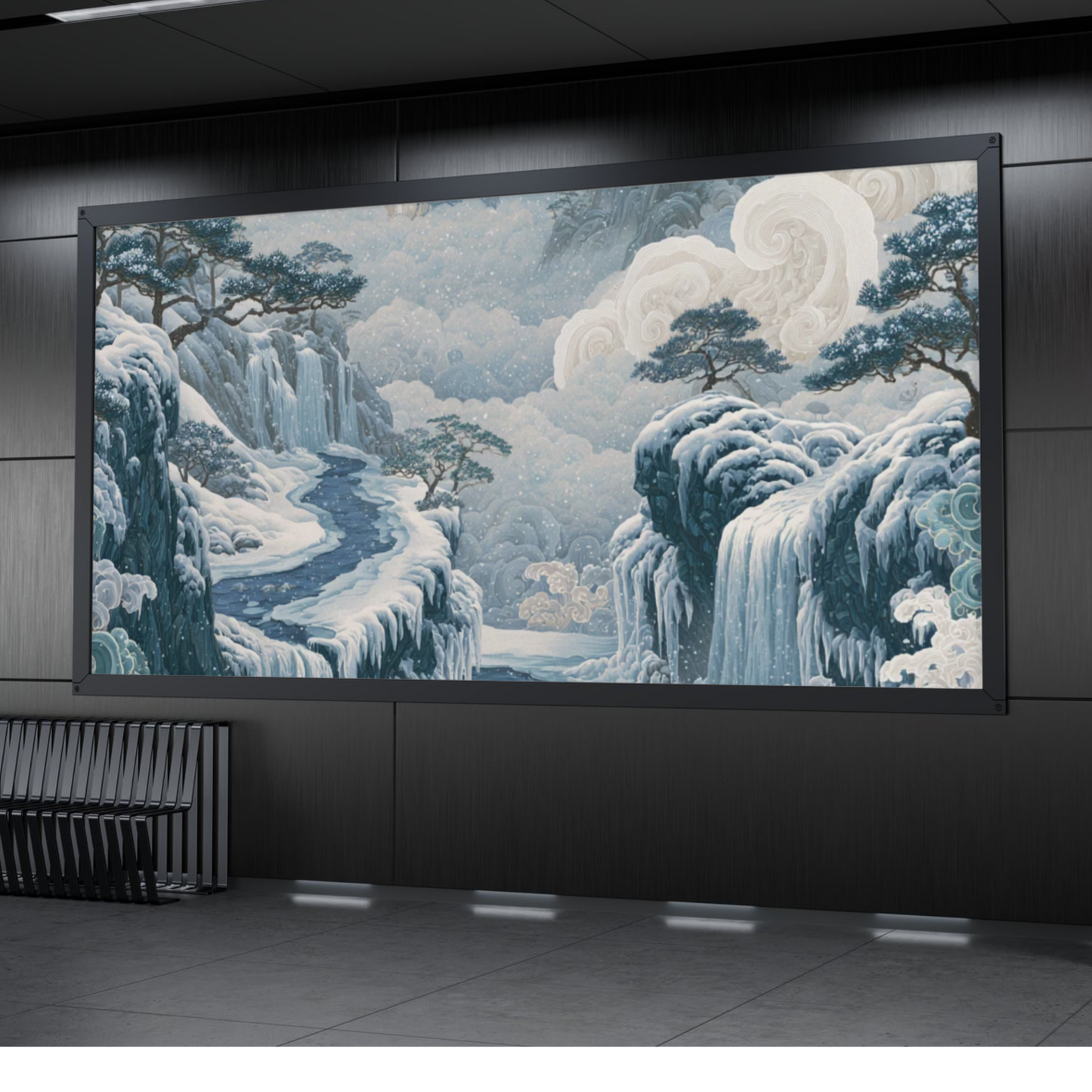 Tranquil Mist Landscape Poster — Blue Asian-Inspired Waterfall Wall Art (Rolled)