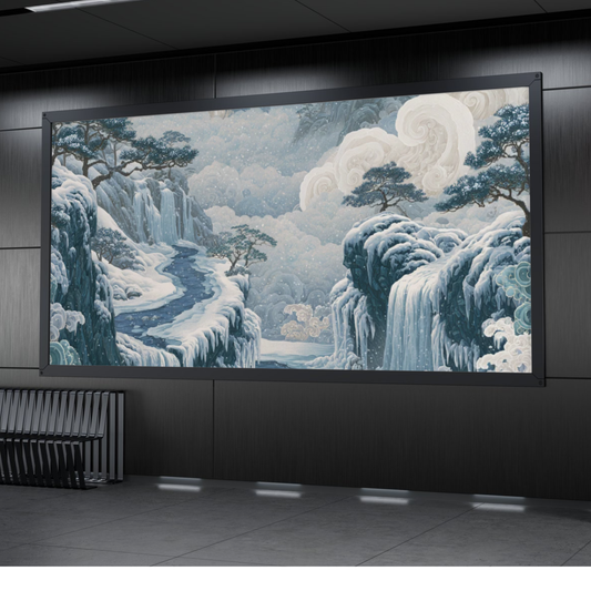 Tranquil Mist Landscape Poster — Blue Asian-Inspired Waterfall Wall Art (Rolled)