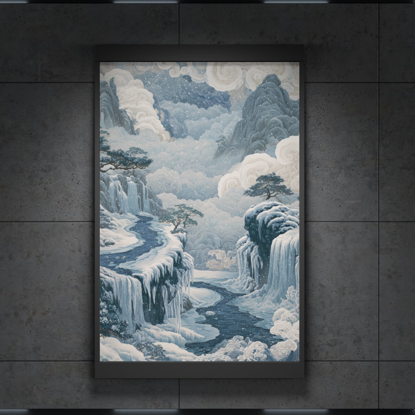 Tranquil Mist Landscape Poster — Blue Asian-Inspired Waterfall Wall Art (Rolled)