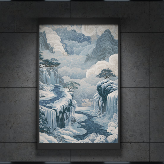 Tranquil Mist Landscape Poster — Blue Asian-Inspired Waterfall Wall Art (Rolled)