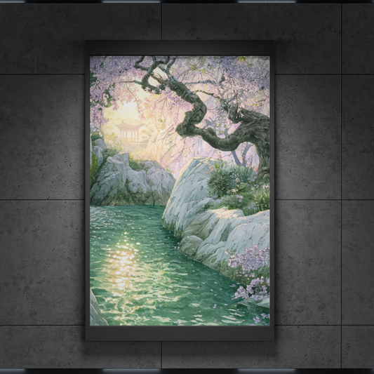 Watercolor Landscape Poster — Serene Cherry Blossom River Matte Art