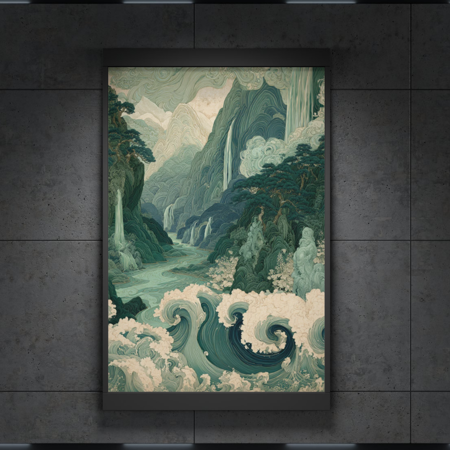Watercolor Landscape Poster — Textured Matte Japanese-Inspired River & Mountain Art