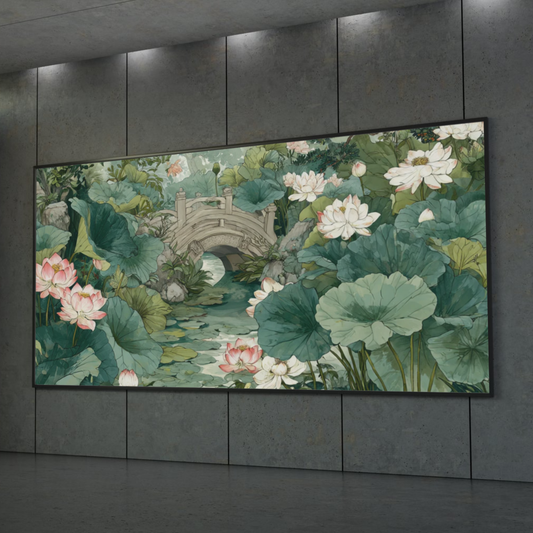 Lotus Pond Bridge Poster — Tranquil Botanical Rolled Art Print