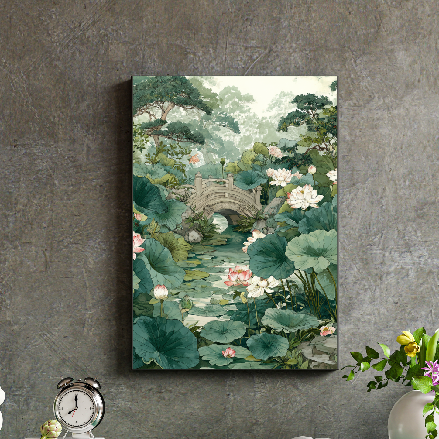 Lotus Pond Bridge Poster — Tranquil Botanical Rolled Art Print