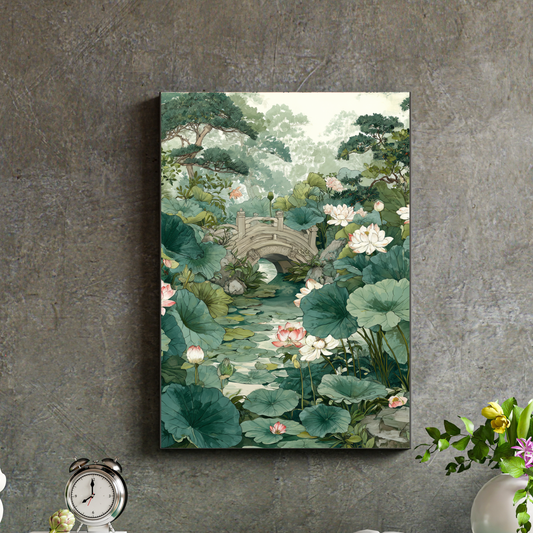 Lotus Pond Bridge Poster — Tranquil Botanical Rolled Art Print